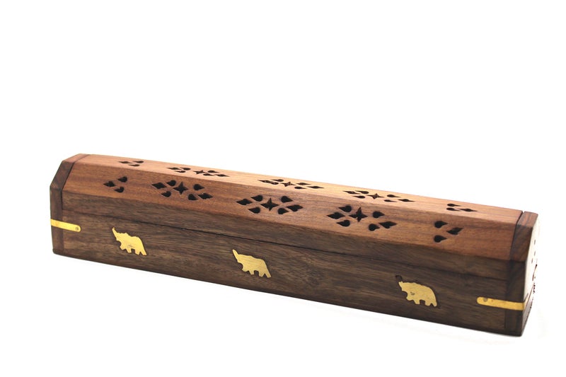 GovindaÂ® Wooden Coffin Incense Burner - 12" Elephant - Brass Inlays - Storage Compartment - Image 1